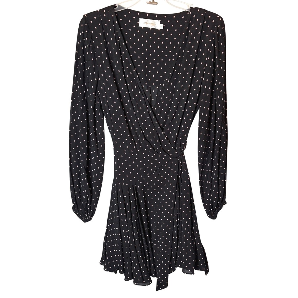 Zimmermann Stranded Polka Dot Wrap Mini Dress Womens 0 Black White Romantic